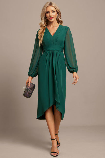 Robe Longue Verte Satinée À Manches Bouffantes - gallery 3