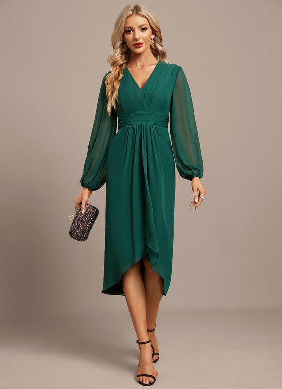 Robe Longue Verte Satinée À Manches Bouffantes - gallery 3