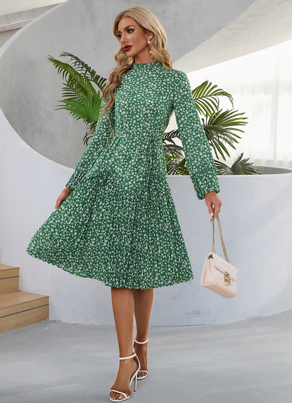 Robe Verte À Fleurs Plissée Chic - gallery 3