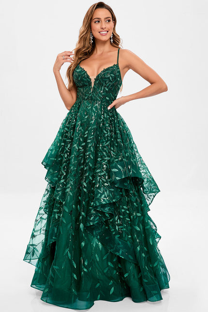 Robe Bal Verte À Volants Scintillants - gallery 3