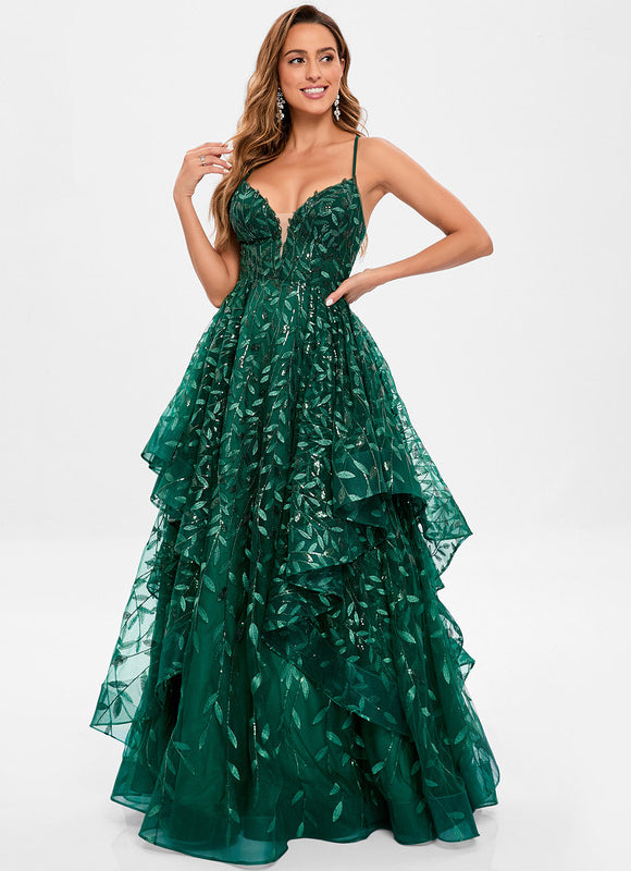 Robe Bal Verte À Volants Scintillants - gallery 3