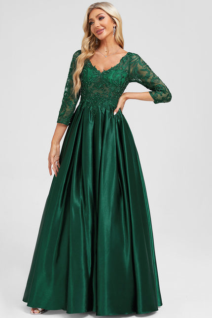 Robe Longue Verte Satinée À Manches - gallery 2