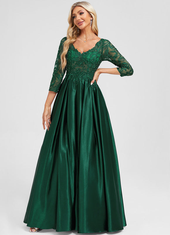 Robe Longue Verte Satinée À Manches - gallery 2