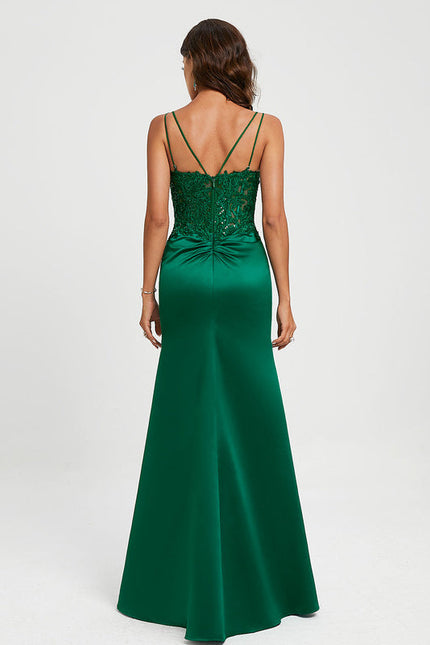 Robe Satinée Verte À Dentelle Chic - gallery 3