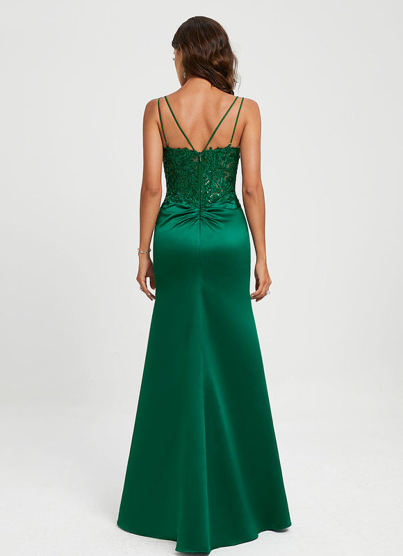 Robe Satinée Verte À Dentelle Chic - gallery 3