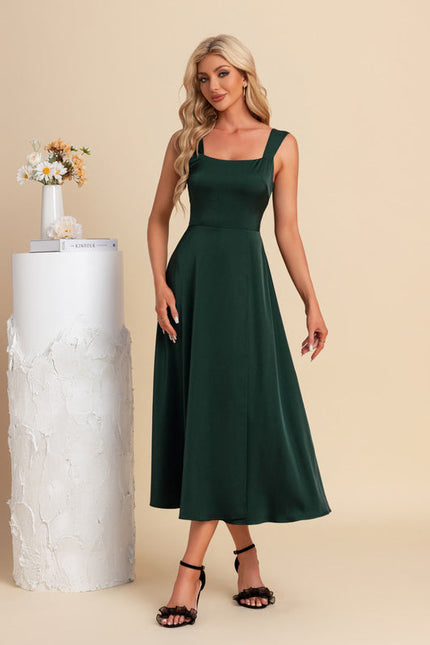 Robe Longue Verte Satinée Élégante - gallery 4