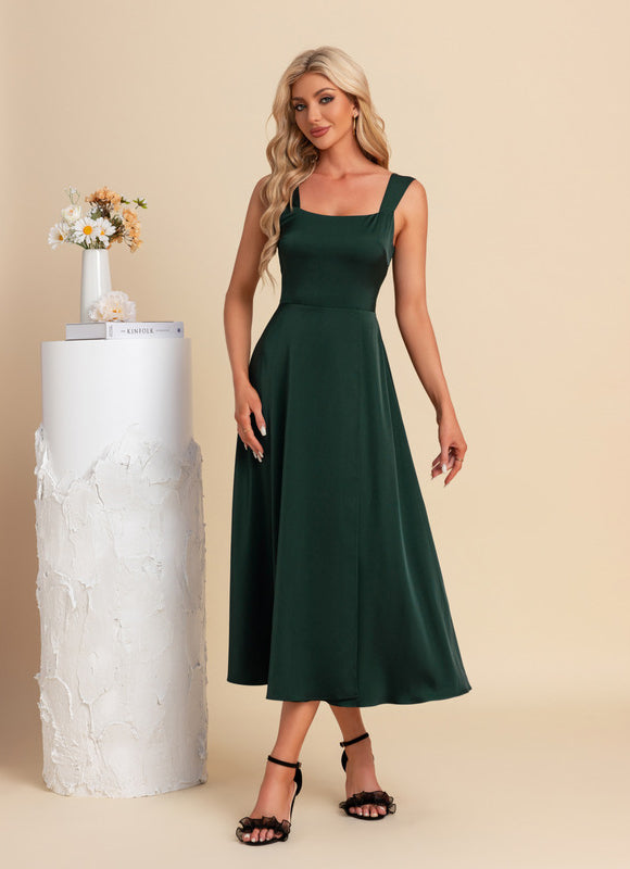 Robe Longue Verte Satinée Élégante - gallery 4