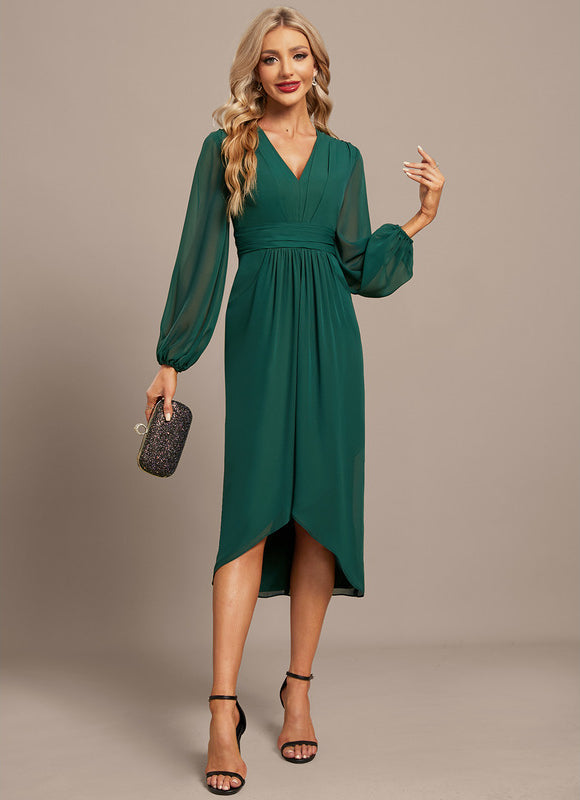 Robe Longue Verte Satinée À Manches Bouffantes - gallery 6