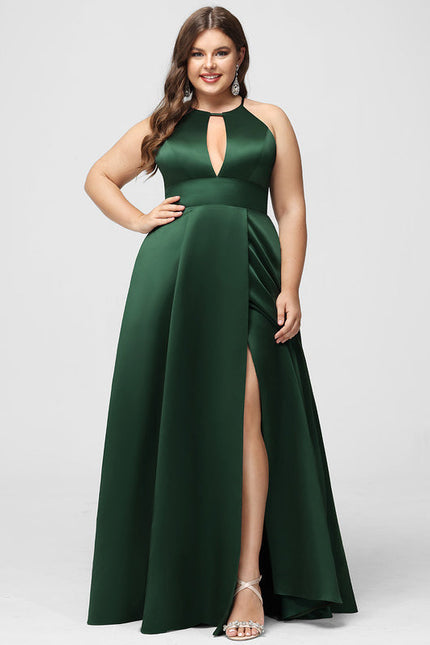 Robe Satinée Émeraude Fendue Élégante - gallery 7