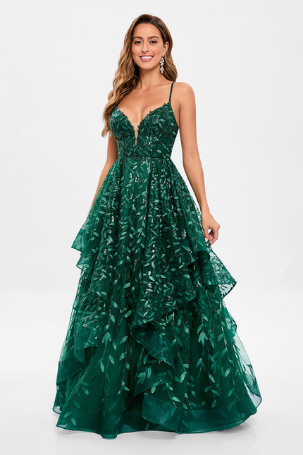Robe Bal Verte À Volants Scintillants - gallery 2