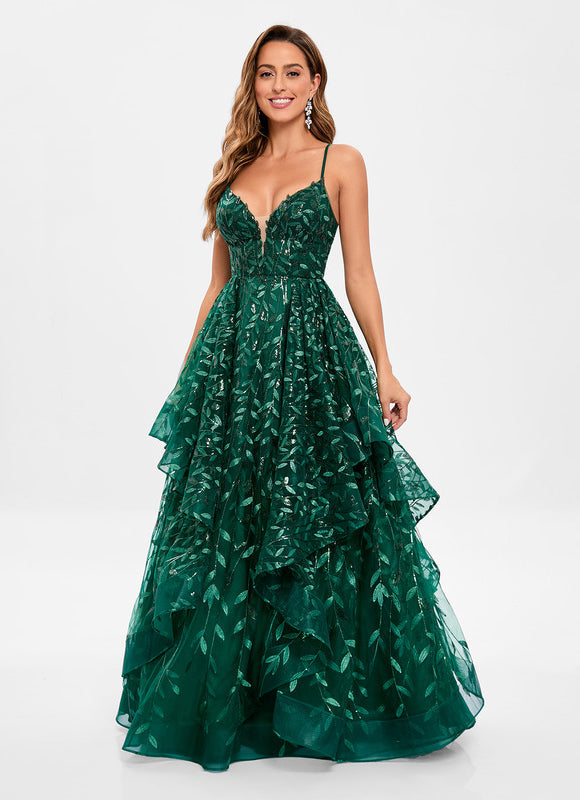 Robe Bal Verte À Volants Scintillants - gallery 2