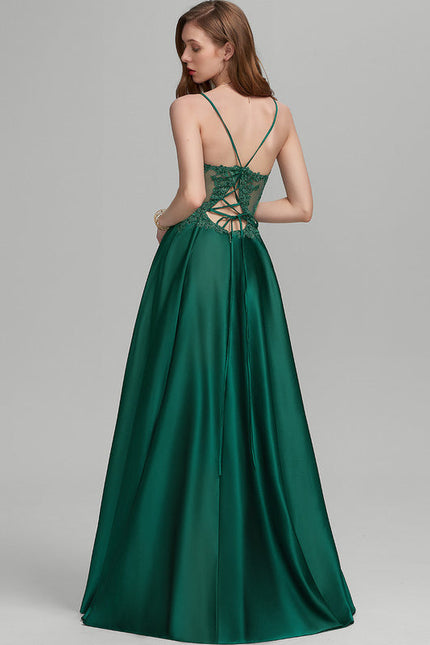 Robe Satinée Émeraude Fendue Élégante - gallery 1