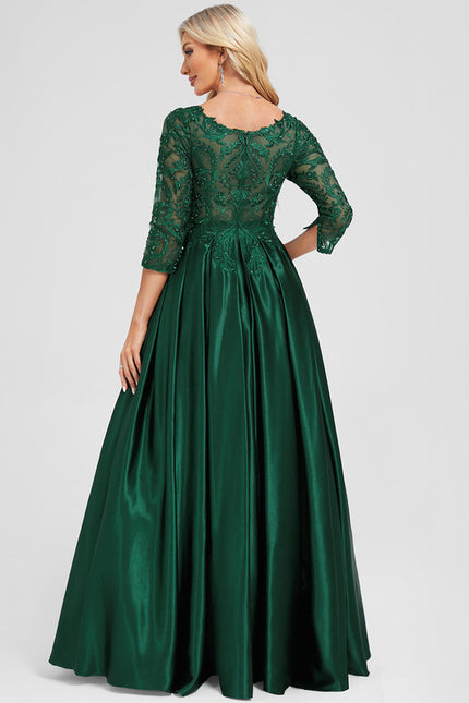 Robe Longue Verte Satinée À Manches - gallery 4