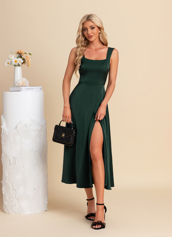Robe Longue Verte Satinée Élégante - gallery 5