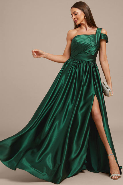 Robe Longue Satin Vert Émeraude À Fente - gallery 4