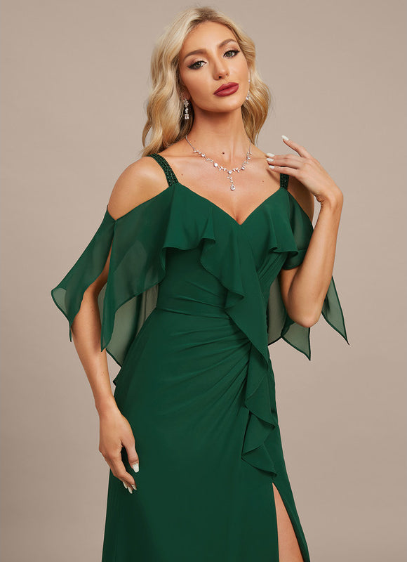 Robe Élégante À Volants Vert Foncé - gallery 1