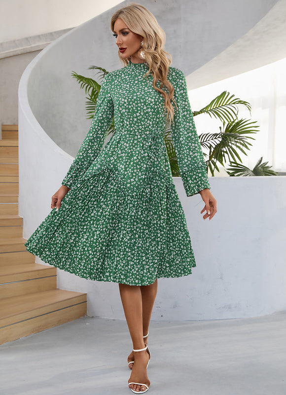 Robe Verte À Fleurs Plissée Chic - gallery 4