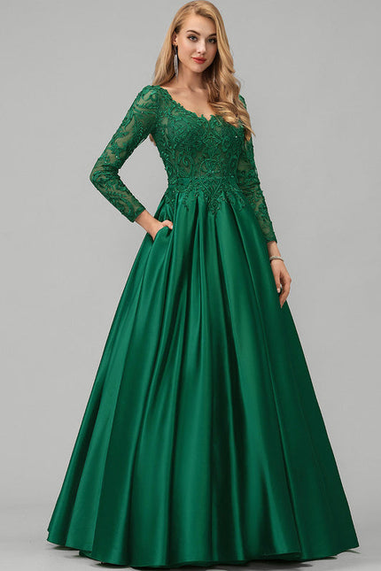 Robe Longue Verte Satinée À Manches Longues - gallery 2