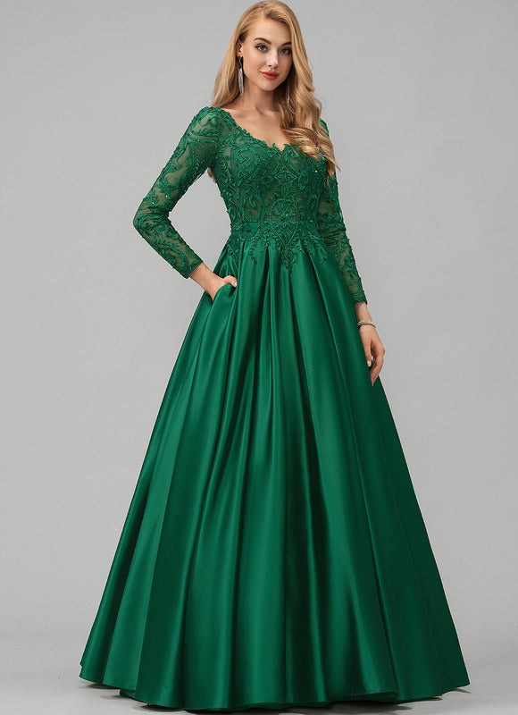 Robe Longue Verte Satinée À Manches Longues - gallery 2