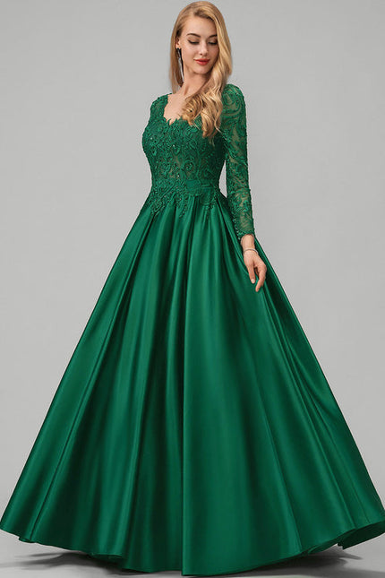 Robe Longue Verte Satinée À Manches Longues - gallery 1
