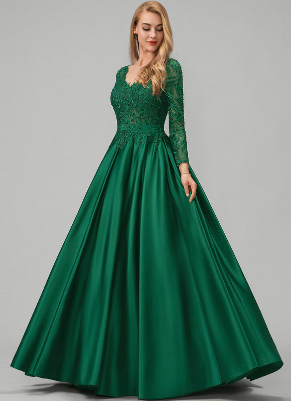 Robe Longue Verte Satinée À Manches Longues - gallery 1