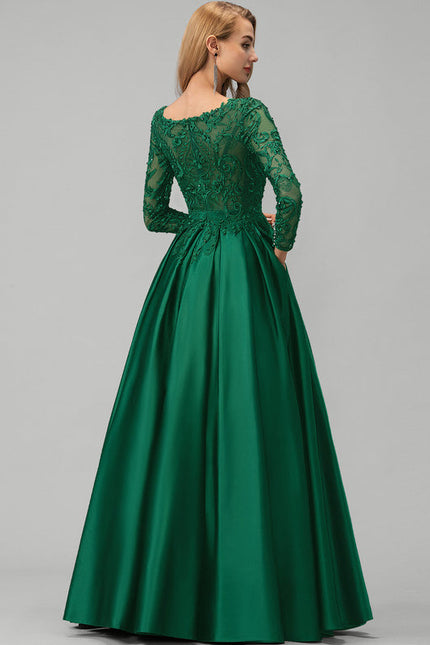 Robe Longue Verte Satinée À Manches Longues - gallery 3