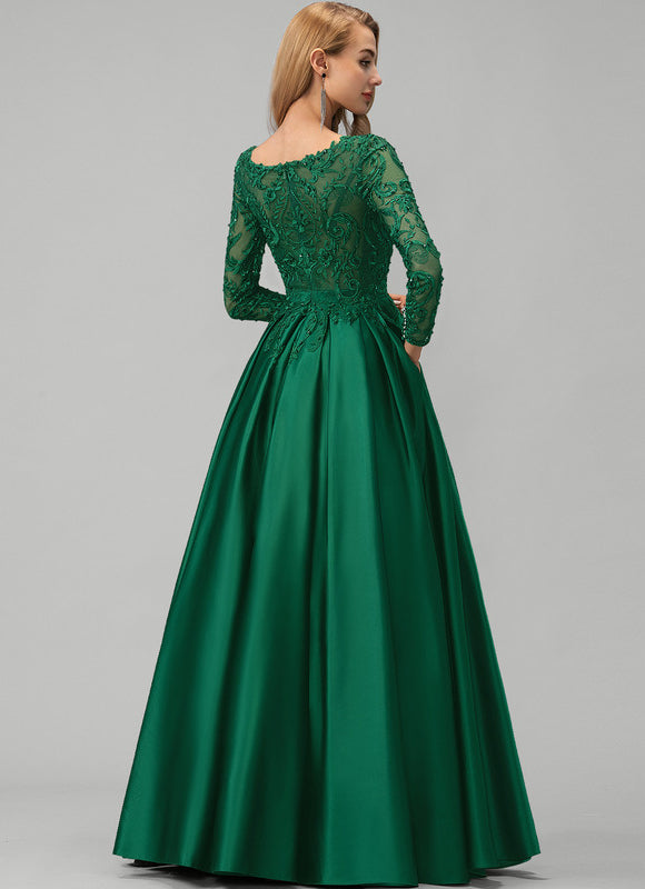 Robe Longue Verte Satinée À Manches Longues - gallery 3