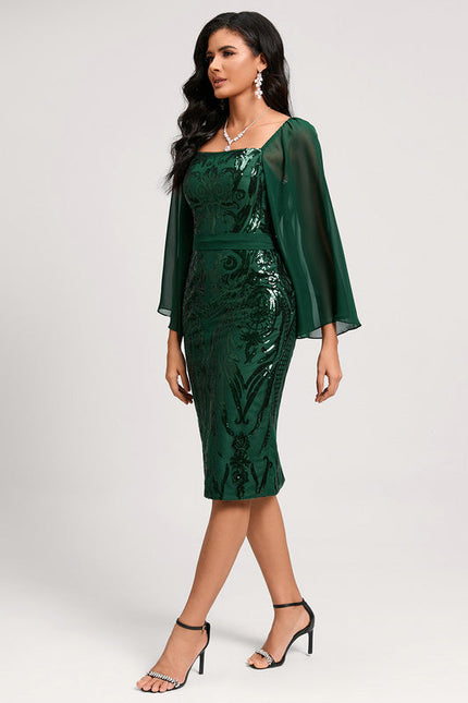 Robe Longue Verte Satinée À Manches Volantes - gallery 2