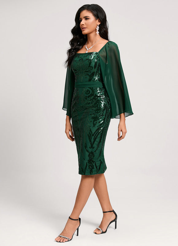 Robe Longue Verte Satinée À Manches Volantes - gallery 2