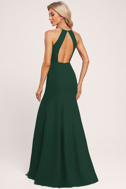 Robe Longue Verte Satinée Fendue - gallery 1