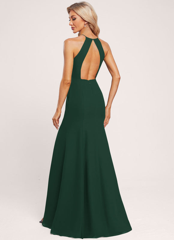 Robe Longue Verte Satinée Fendue - gallery 1