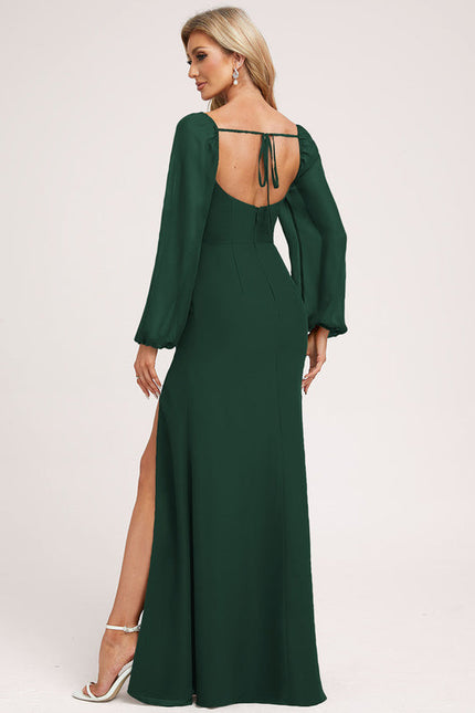 Robe Longue Verte Satinée Fendue - gallery 1