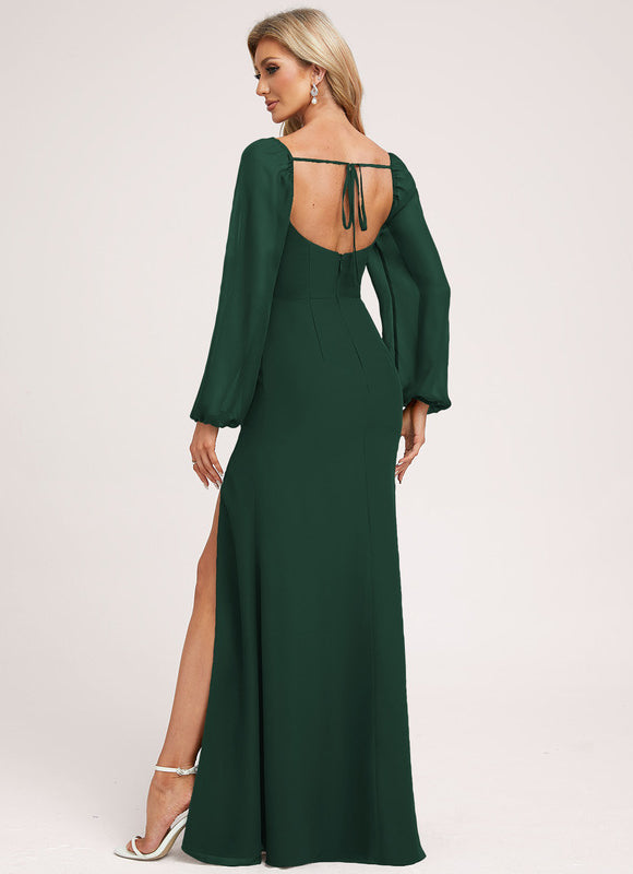 Robe Longue Verte Satinée Fendue - gallery 1