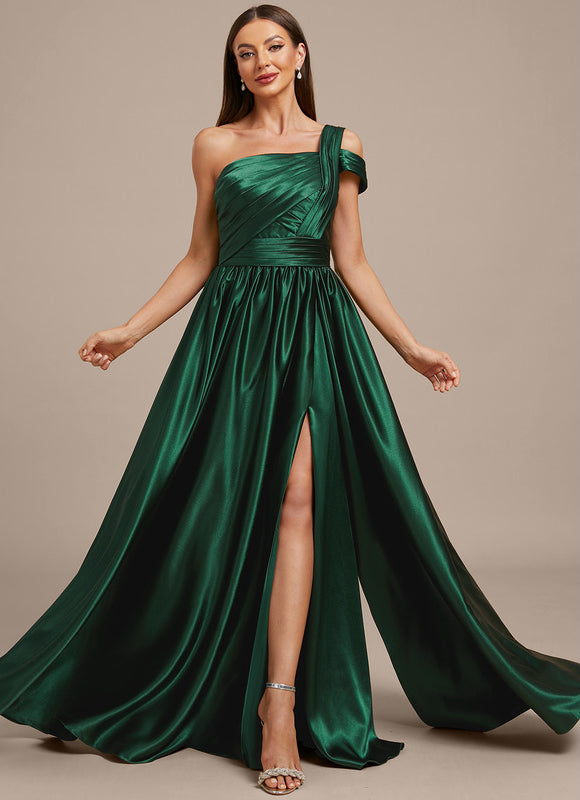 Robe Longue Satin Vert Émeraude À Fente