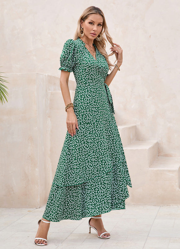 Robe Longue Verte À Fleurs Blanches - gallery 3