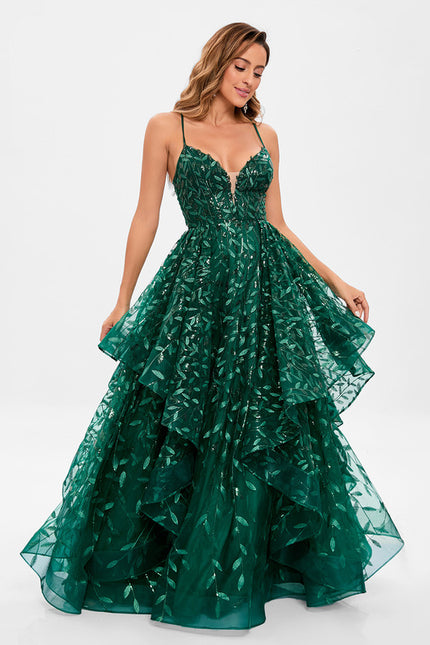 Robe Bal Verte À Volants Scintillants - gallery 4