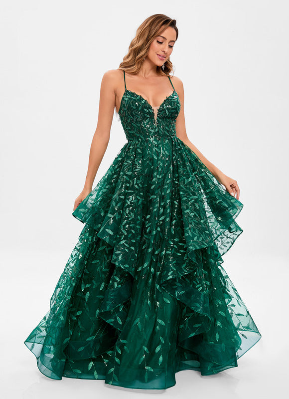 Robe Bal Verte À Volants Scintillants - gallery 4