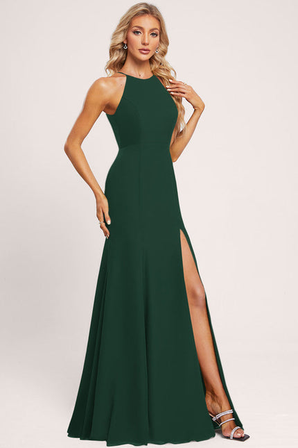 Robe Longue Verte Satinée Fendue - gallery 2