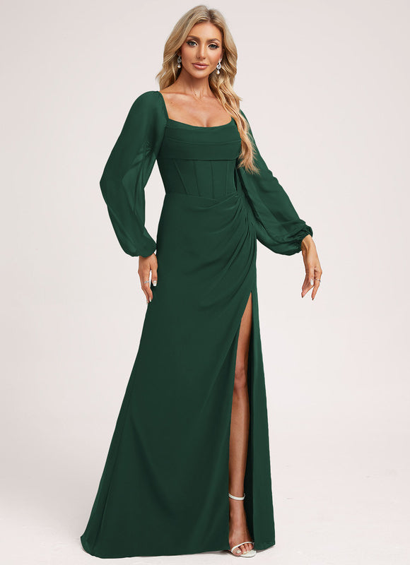 Robe Longue Verte Satinée Fendue