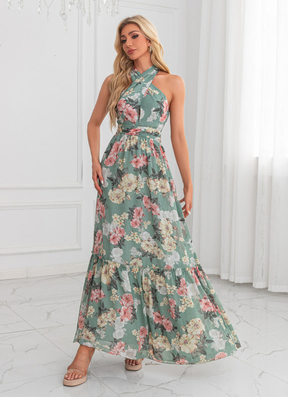 Robe Longue Vert D'Eau Florale - gallery 6