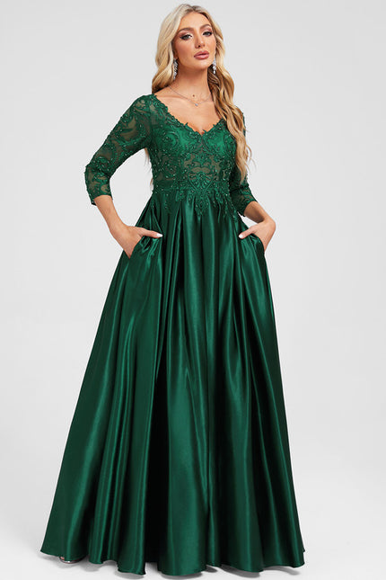 Robe Longue Verte Satinée À Manches - gallery 3