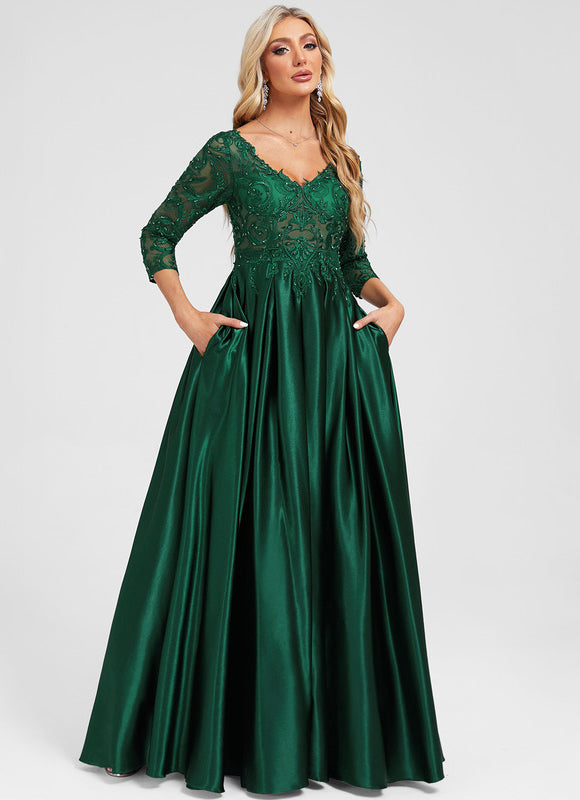 Robe Longue Verte Satinée À Manches - gallery 3