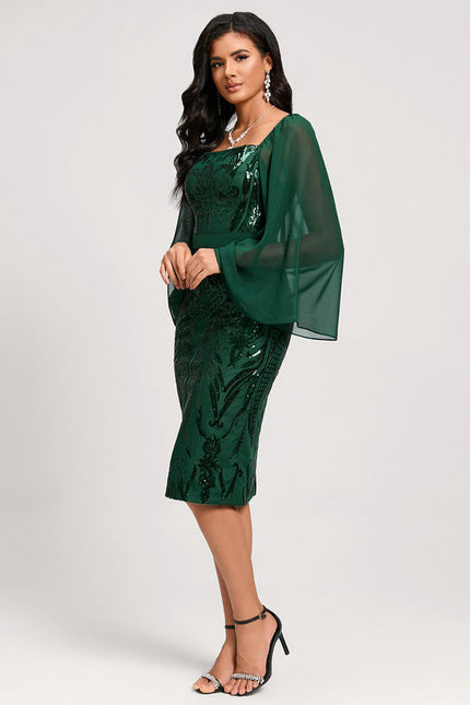 Robe Longue Verte Satinée À Manches Volantes - gallery 1