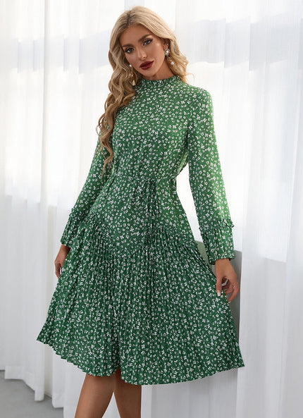 Robe Verte À Fleurs Plissée Chic