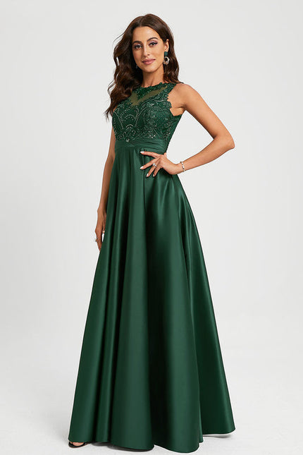 Robe Longue Verte Satinée À Broderies - gallery 4