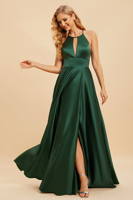 Robe Satinée Émeraude Fendue Élégante