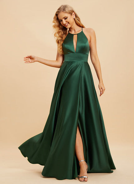 Robe Satinée Émeraude Fendue Élégante