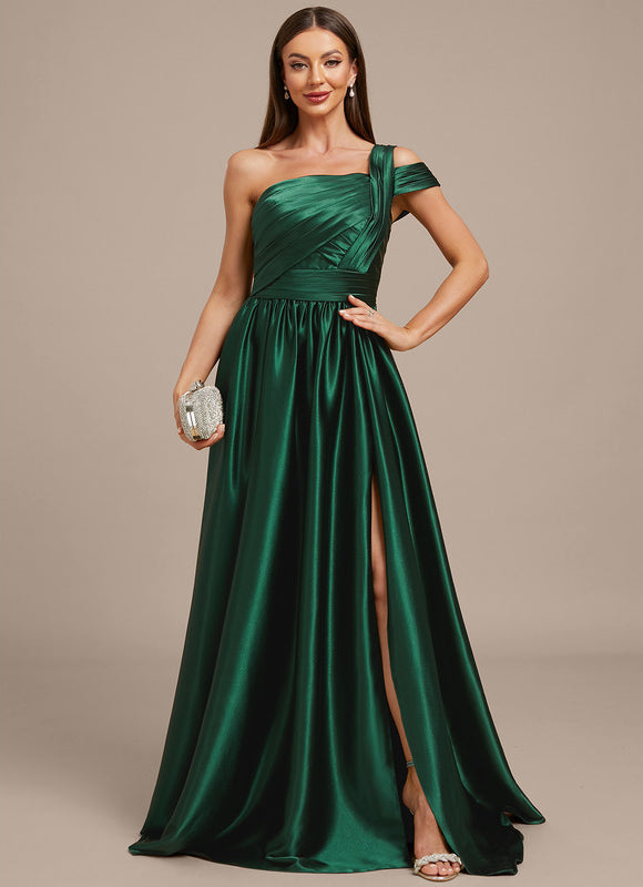 Robe Longue Satin Vert Émeraude À Fente - gallery 2