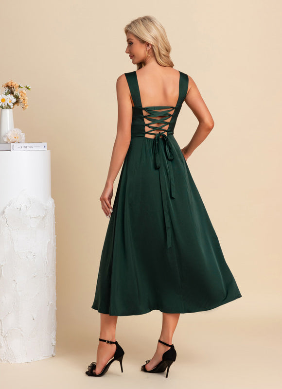 Robe Longue Verte Satinée Élégante - gallery 2