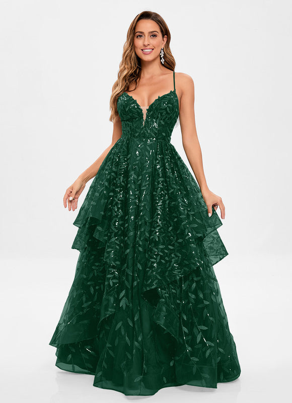 Robe Bal Verte À Volants Scintillants